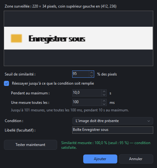 La boîte du contrôle d’image : zone de 220 × 34 pixels sur le titre Enregistrer sous, seuil 95 %, 10 s, une mesure toutes les 100 ms, test à 100 %.